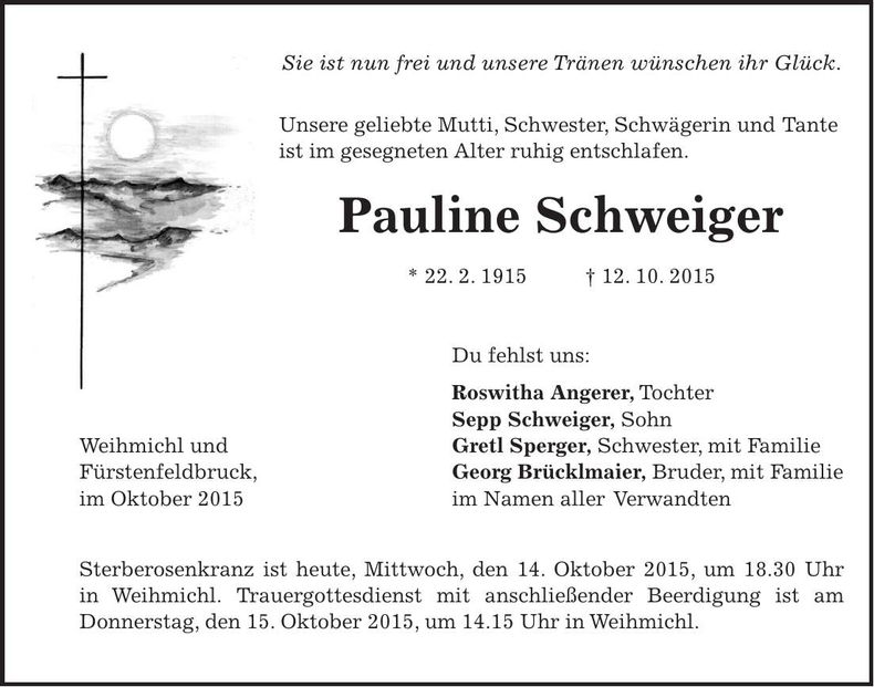 Traueranzeige Pauline Schweiger