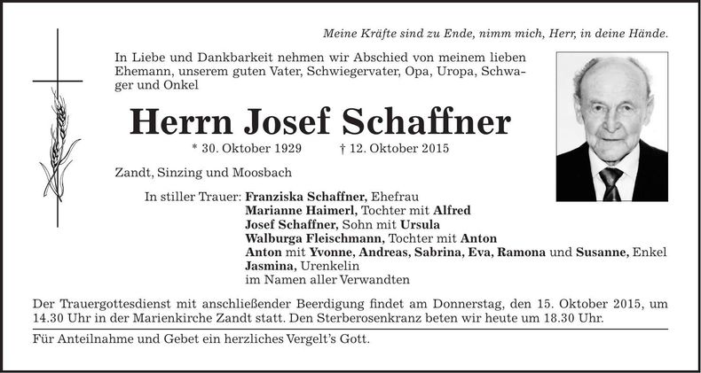 Traueranzeige Josef Schaffner