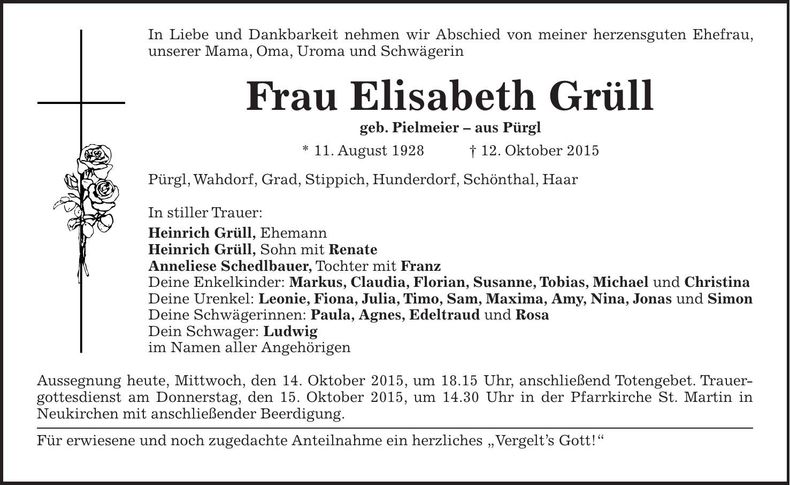 Traueranzeige Elisabeth Grüll