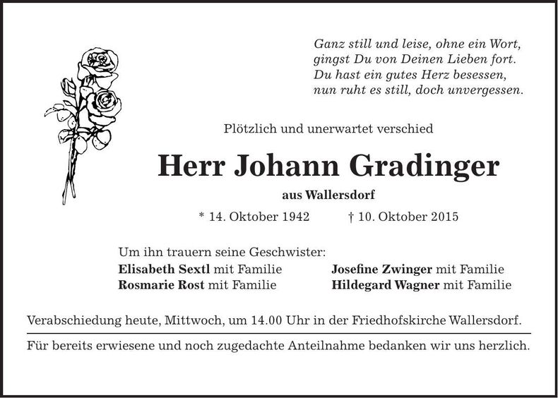 Traueranzeige Johann Gradinger