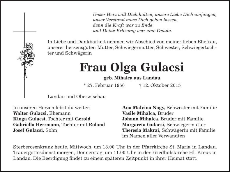 Traueranzeige Olga Gulacsi