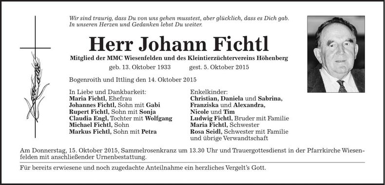 Traueranzeige Johann Fichtl