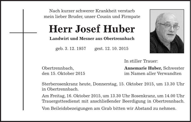 Traueranzeige Josef Huber