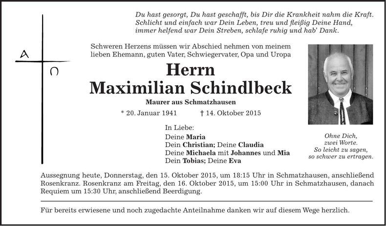Traueranzeige Maximilian Schindlbeck