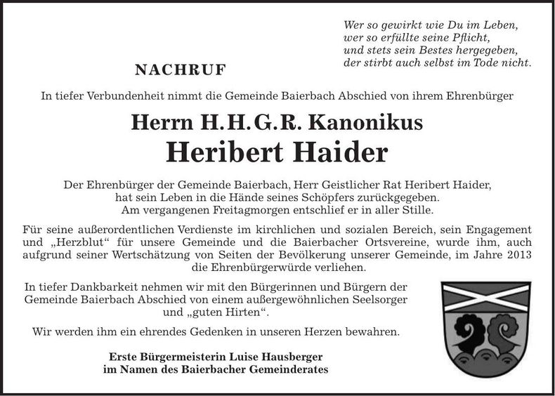 Traueranzeige Heribert Haider
