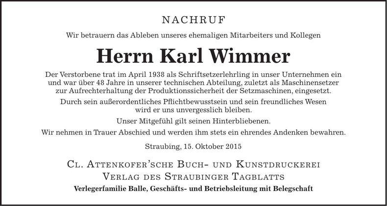 Traueranzeige Karl Wimmer
