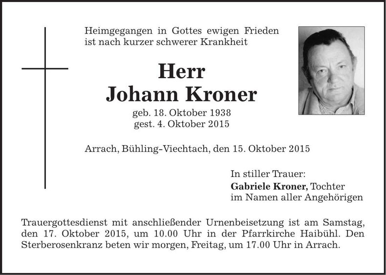Traueranzeige Johann Kroner