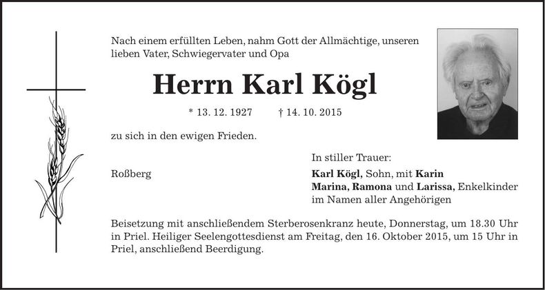 Traueranzeige Karl Kögl