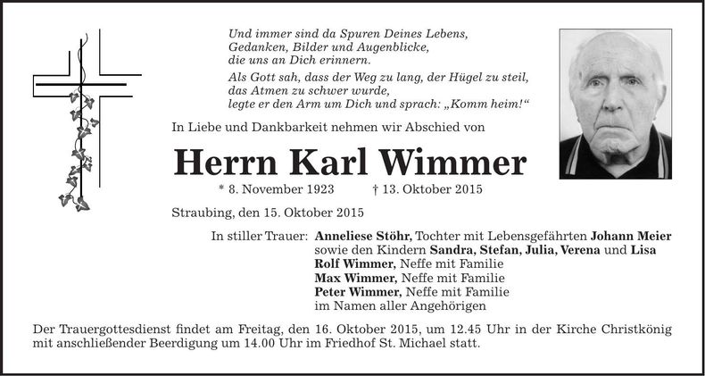 Traueranzeige Karl Wimmer