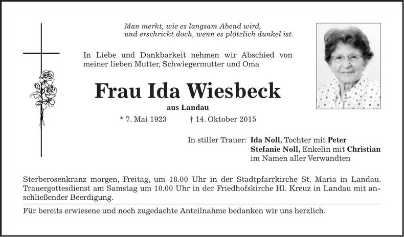 Traueranzeige Ida Wiesbeck