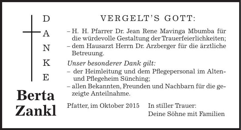 Traueranzeige Berta Zankl