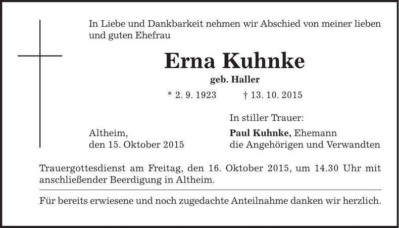 Traueranzeige Erna Kuhnke