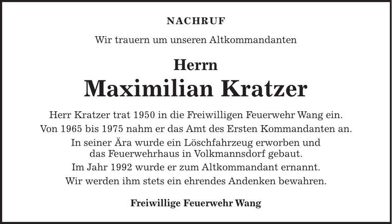 Traueranzeige Maximilian Kratzer