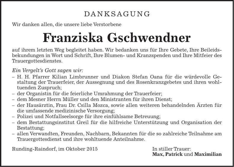Traueranzeige Franziska Gschwendner