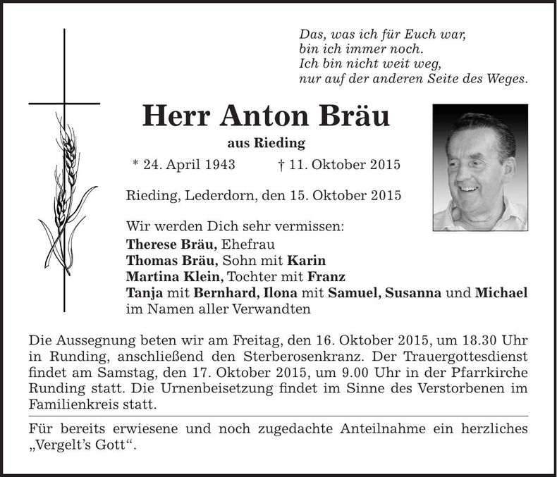 Traueranzeige Anton Bräu