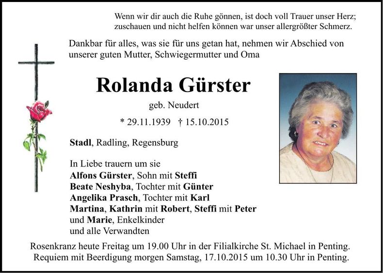 Traueranzeige Rolanda Gürster