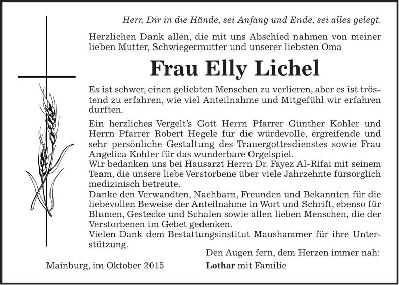Traueranzeige Elly Lichel