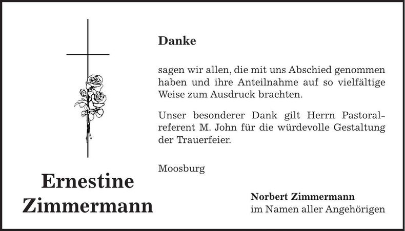 Traueranzeige Ernestine Zimmermann