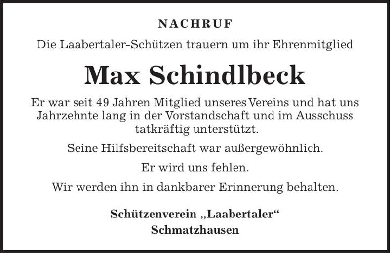 Traueranzeige Max Schindlbeck