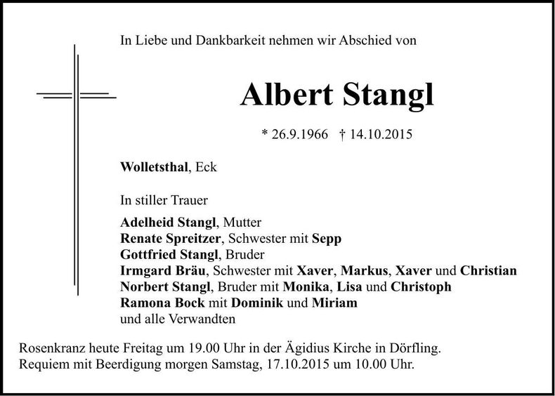 Traueranzeige Albert Stangl