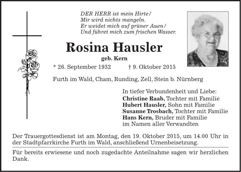 Traueranzeige Rosina Hausler