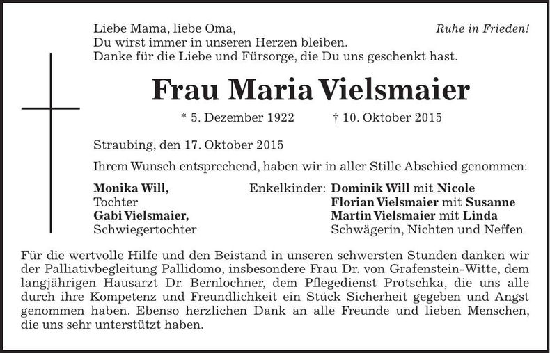 Traueranzeige Maria Vielsmaier