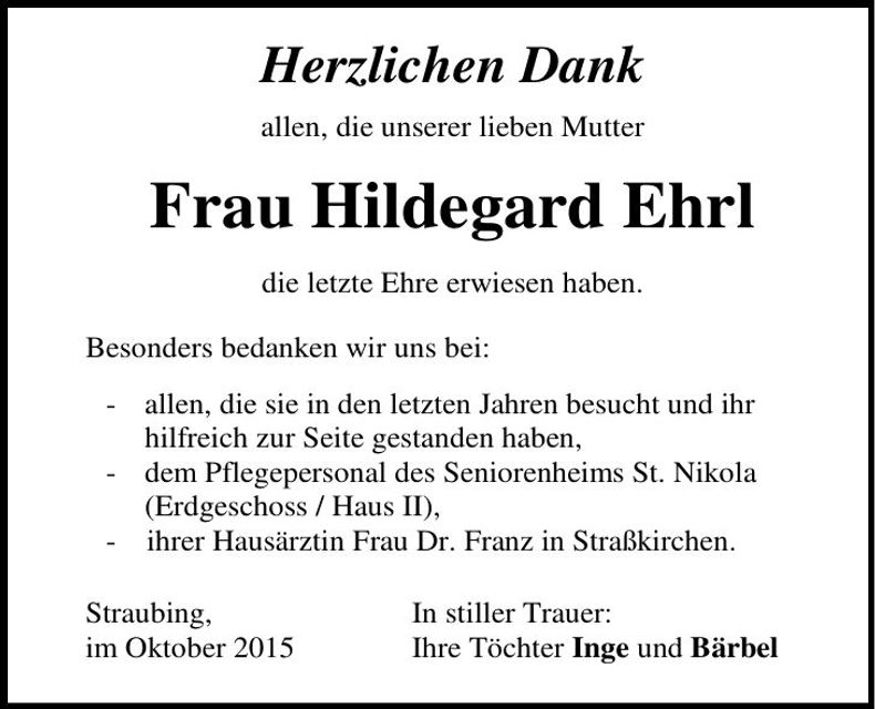 Traueranzeige Hildegard Ehrl