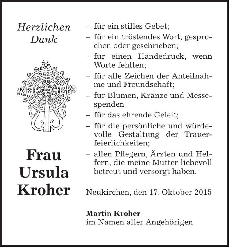 Traueranzeige Ursula Kroher