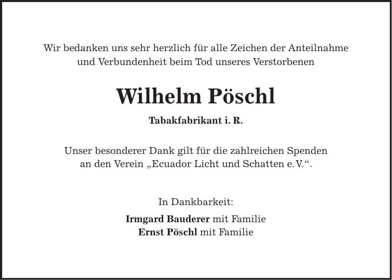 Traueranzeige Wilhelm Pöschl