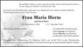 Traueranzeige Maria Hurm