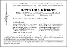 Traueranzeige Otto Klement