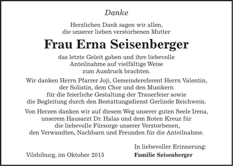 Traueranzeige Erna Seisenberger