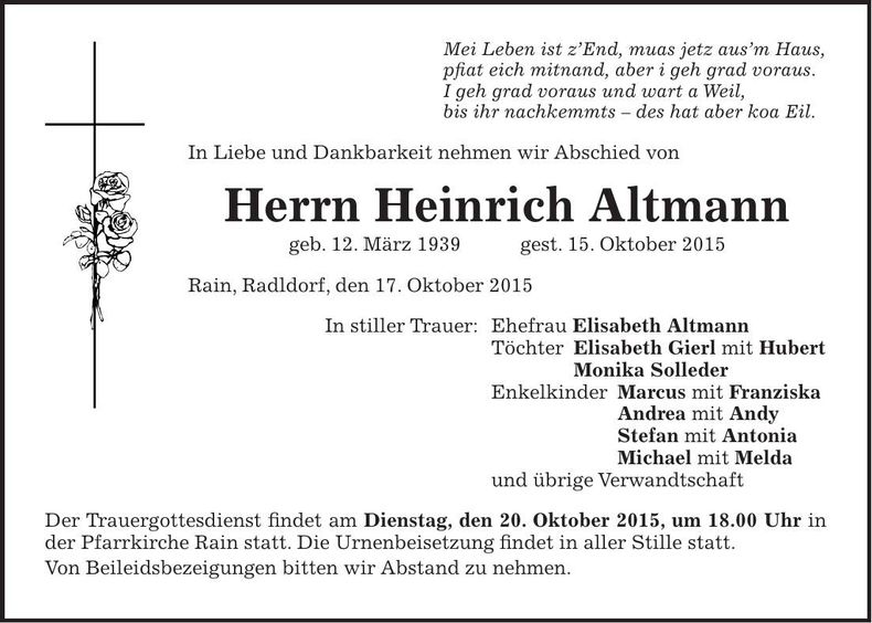 Traueranzeige Heinrich Altmann