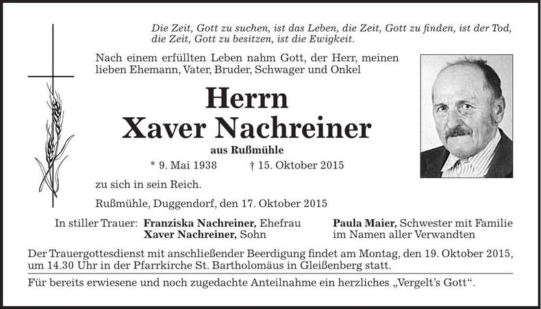 Traueranzeige Xaver Nachreiner