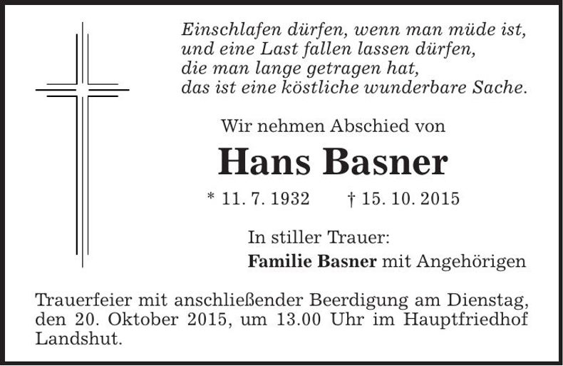Traueranzeige Hans Basner