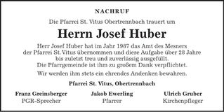 Traueranzeige Josef Huber