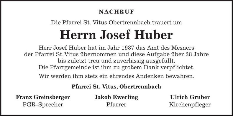 Traueranzeige Josef Huber