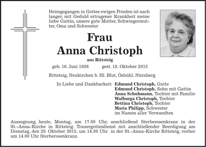Traueranzeige Anna Christoph