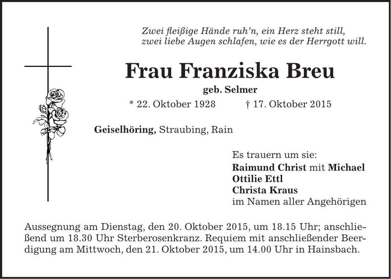 Traueranzeige Franziska Breu