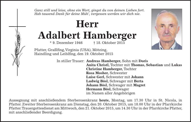 Traueranzeige Adalbert Hamberger