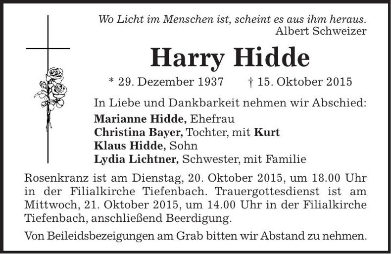 Traueranzeige Harry Hidde