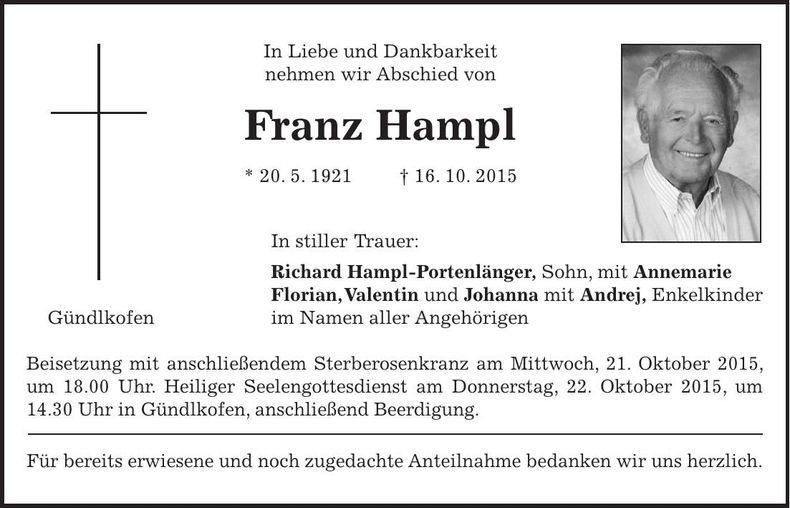 Traueranzeige Franz Hampl