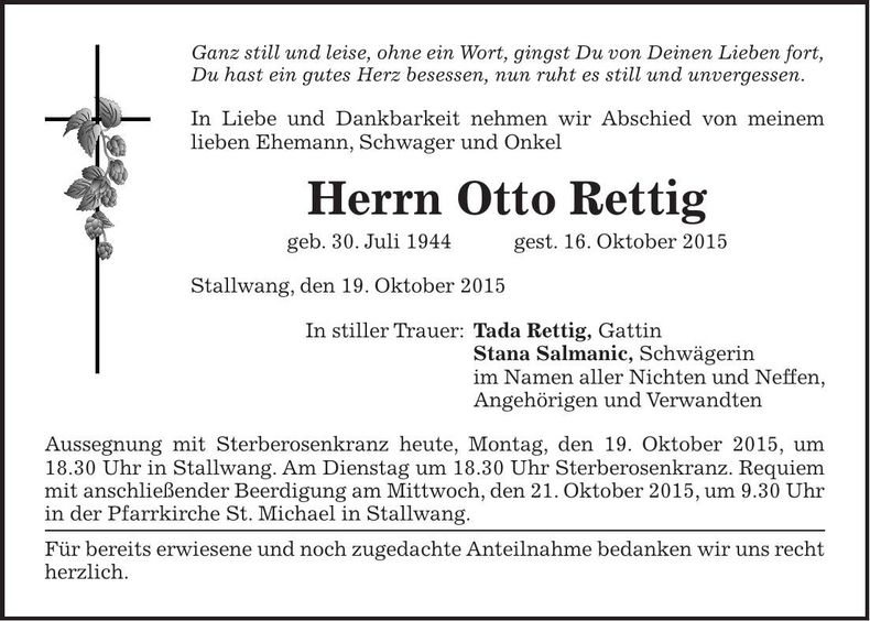 Traueranzeige Otto Rettig