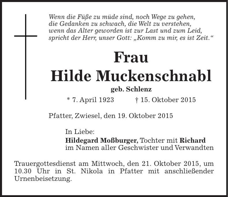 Traueranzeige Hiled Muckenschnabl