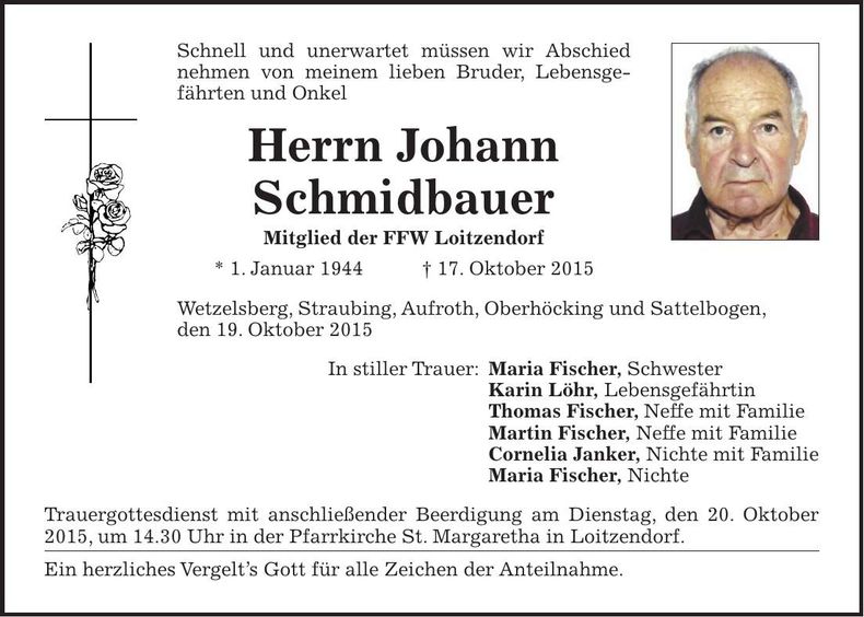 Traueranzeige Johann Schmidbauer