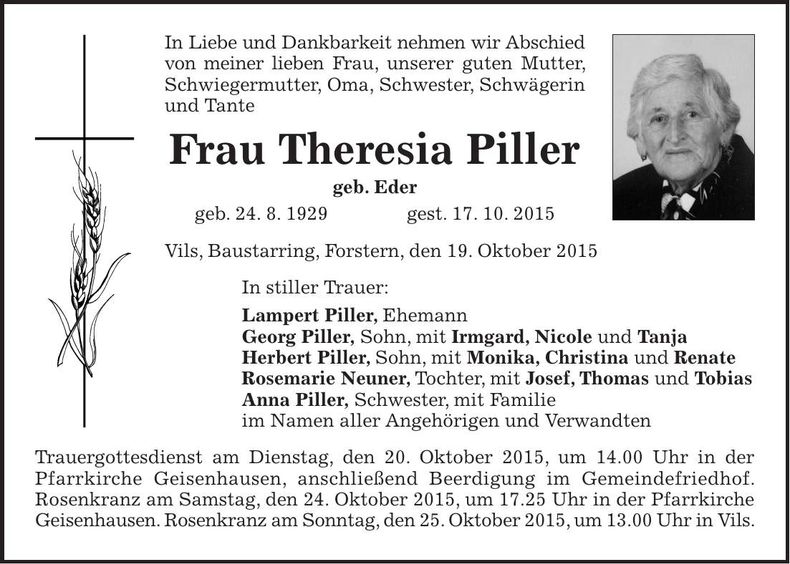 Traueranzeige Theresia Piller