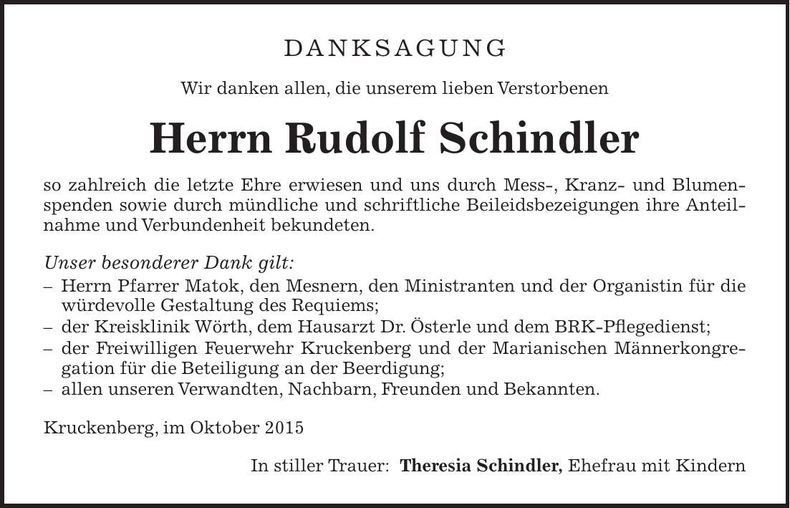 Traueranzeige Rudolf Schindler
