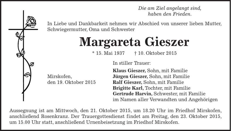 Traueranzeige Margareta Gieszer