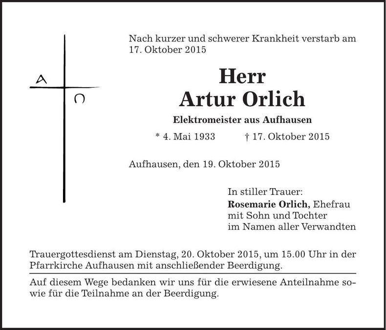 Traueranzeige Artur Orlich