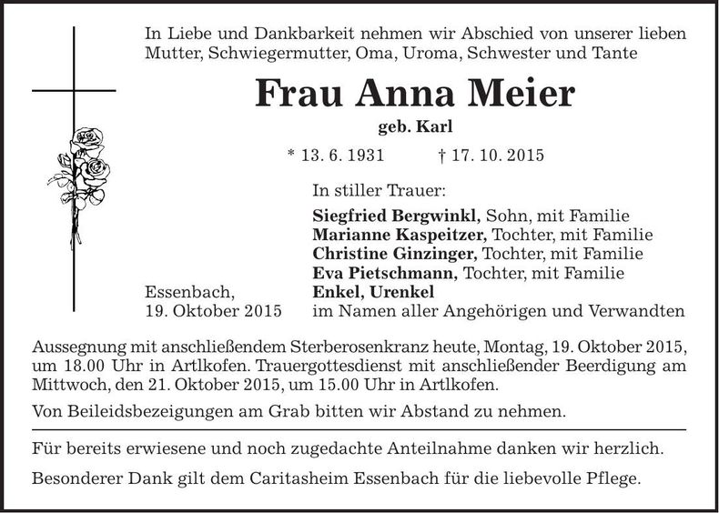 Traueranzeige Anna Meier